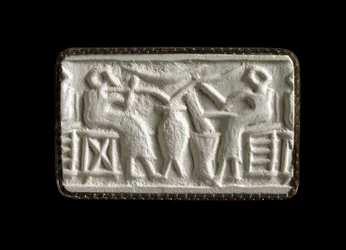 Impressione di sigillo cilindrico di due figure sedute che bevono attraverso tubi, Kish, Iraq, probabilmente c.2500 a.C. (impressione in gesso)